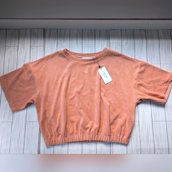 Calvin Klein Jeans Banded Hem Terry Crop Top Sweater in Coral Size Large NWT - Picture 4 of 8